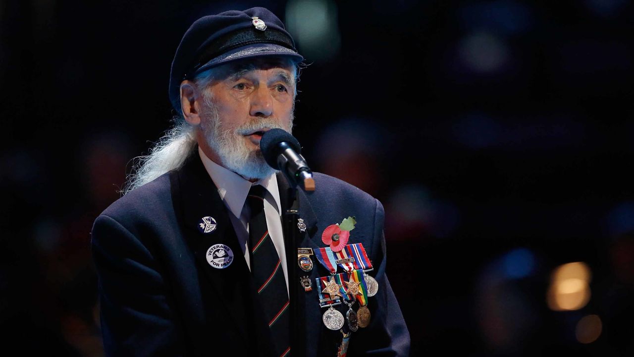 Veteran Jim Radford speaks at The Royal British Legion's Festival of Remembrance matinee performance in 2014 at Royal Albert Hall in London.