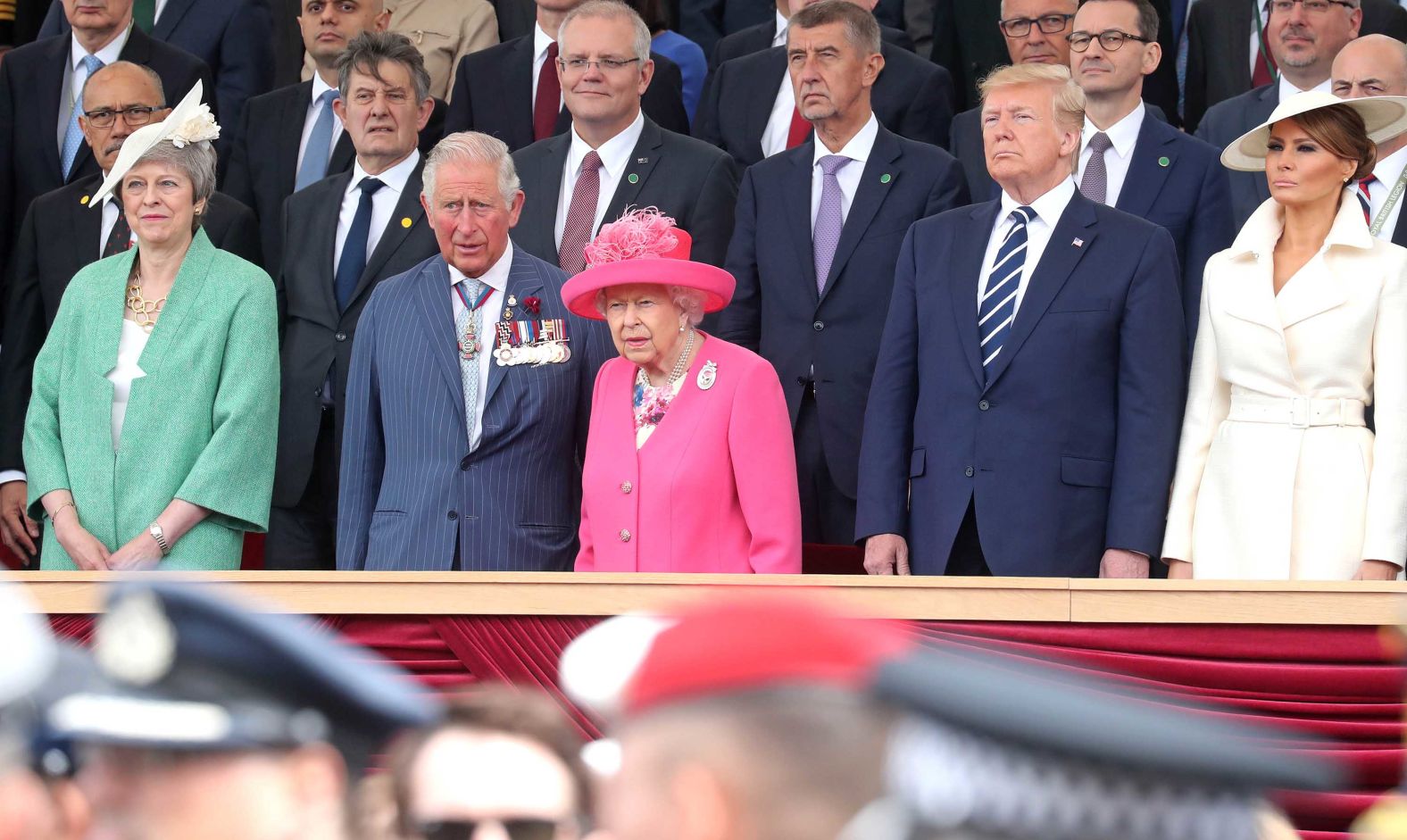 From left, British Prime Minister Theresa May, Prince Charles, Queen Elizabeth II, President Donald Trump and first lady Melania Trump commemorate the 75th anniversary of the D-Day landings at an event Wednesday, June 5, in Portsmouth, England.