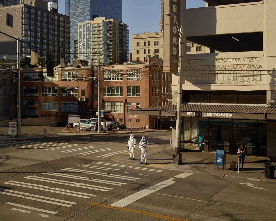 Two men dressed as Stormtroopers from Star Wars in Seattle's Virginia Street.