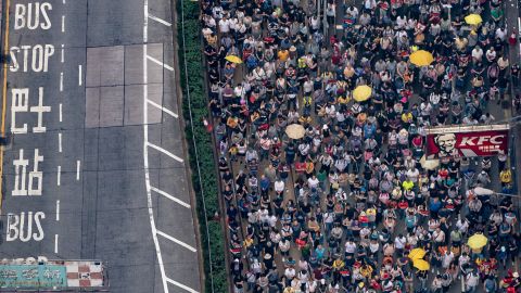 Protesters take part in a rally against the proposed extradition law on April 28, 2019, in Hong Kong.