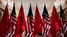 US and Chinese flags are seen as Secretary of State Mike Pompeo and China's Foreign Minister Wang Yi  meet at the US Department of State May 23, 2018 in Washington, DC. (Photo by Brendan Smialowski / AFP)        (Photo credit should read BRENDAN SMIALOWSKI/AFP/Getty Images)