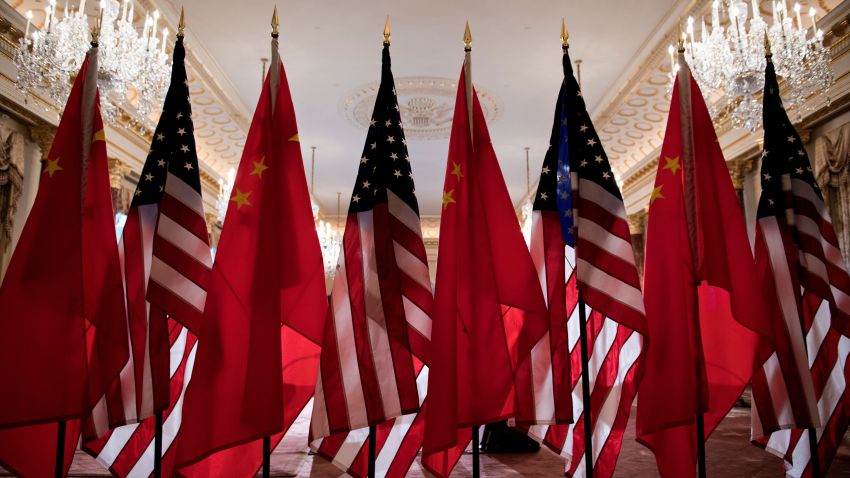 US and Chinese flags are seen as Secretary of State Mike Pompeo and China's Foreign Minister Wang Yi meet at the US Department of State May 23, 2018 in Washington, DC. (Photo by Brendan Smialowski / AFP) (Photo credit should read BRENDAN SMIALOWSKI/AFP/Getty Images)