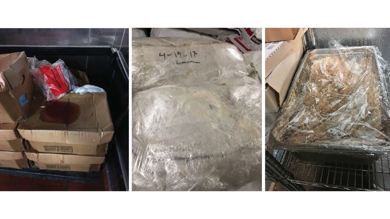 Open packaged raw meat and food items leaking blood, not relabeled and dated, observed by OIG at the Essex facility on July 24, 2018 (left); food not properly labeled or stared at LaSalle facility on August 7, 2018 (center); and unlabeled food with no description or date at Aurora facility on November 6, 2018 (right). 
