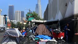 Belongings of the homeless crowd a downtown Los Angeles sidewalk in Skid Row on May 30, 2019. - The city of Los Angeles on May 29 agreed to allow homeless people on Skid Row to keep their property and not have it seized, providing the items are not bulky or hazardous. (Photo by Frederic J. BROWN / AFP)        (Photo credit should read FREDERIC J. BROWN/AFP/Getty Images)