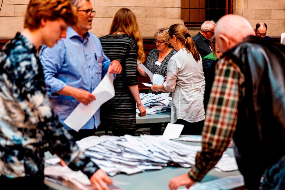 Ballots being counted after the polling stations closed in Copenhagen City Hall.