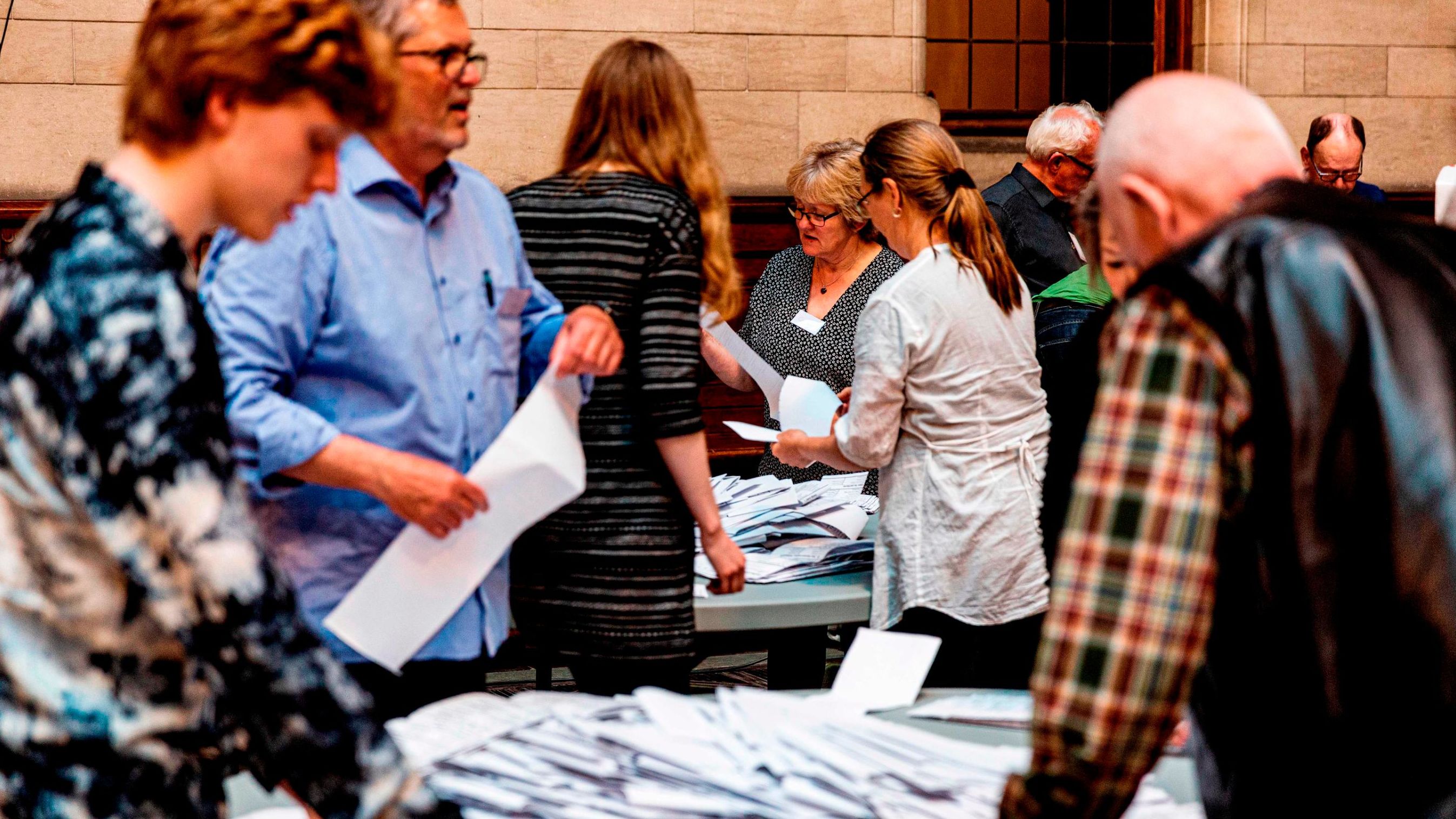 Ballots being counted after the polling stations closed in Copenhagen City Hall.