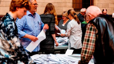 Ballots being counted after the polling stations closed in Copenhagen City Hall.