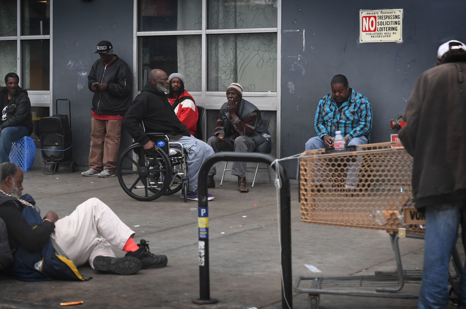 Homeless people gather on the streets of Skid Row near downtown Los Angeles on March 1. A lack of affordable housing in the city is the primary factor driving the spike in homelessness, according to Mayor Eric Garcetti.