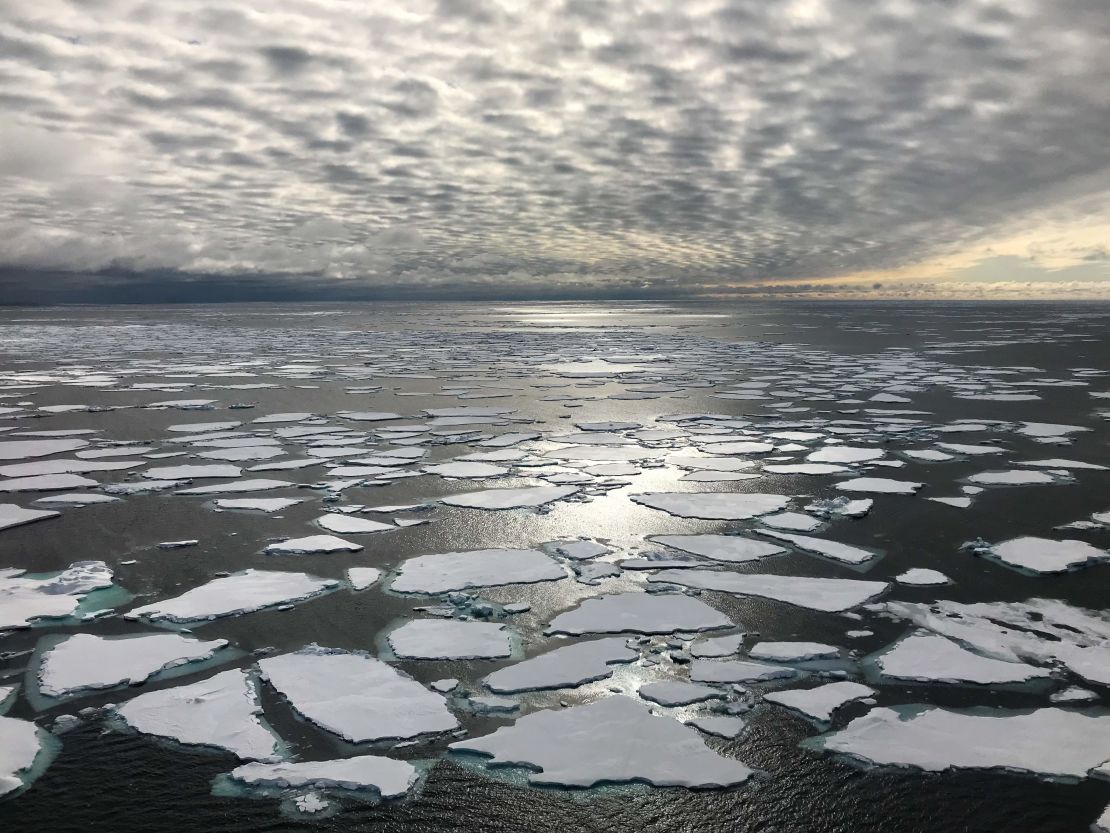 Fragmented sea ice leaves the Arctic between Greenland and Svalbard, Norway.