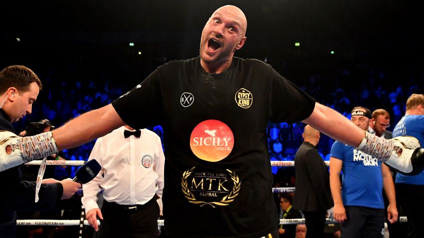 MANCHESTER, ENGLAND - JUNE 09: Tyson Fury celebrates victory over Sefer Seferi after there heavyweight contest at Manchester Arena on June 9, 2018 in Manchester, England. (Photo by Justin Setterfield/Getty Images)