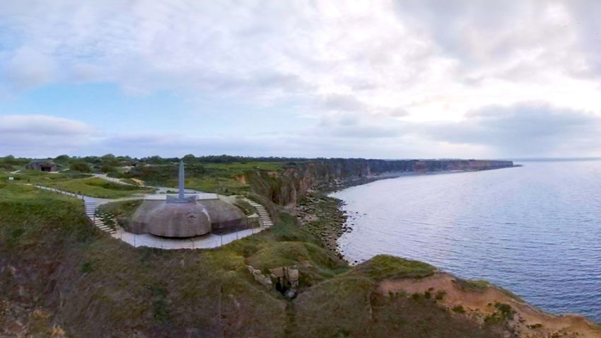 An aerial view of the cliffs of Pointe du Hoc