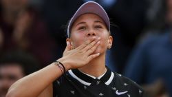 Amanda Anisimova of the US celebrates after winning against Spain's Aliona Bolsova during their women's singles fourth round match on day nine of The Roland Garros 2019 French Open tennis tournament in Paris on June 3, 2019. (Photo by Christophe ARCHAMBAULT / AFP)        (Photo credit should read CHRISTOPHE ARCHAMBAULT/AFP/Getty Images)