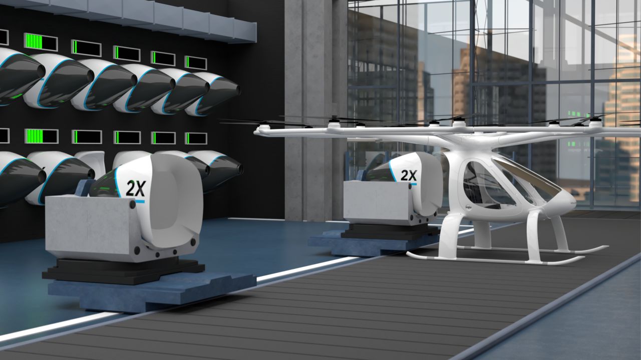 The Volocopter is based on drone technology and the batteries will be swapped by robots before continuing each journey.
