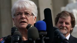 WASHINGTON, DC - DECEMBER 05:  Floral artist Barronelle Stutzman (L) speaks to members of the media in front of the U.S. Supreme Court as cake artist Jack Phillips (R) looks on December 5, 2017 in Washington, DC. The Supreme Court heard oral arguments in the Masterpiece Cakeshop v. Colorado Civil Rights Commission case.  (Photo by Alex Wong/Getty Images)