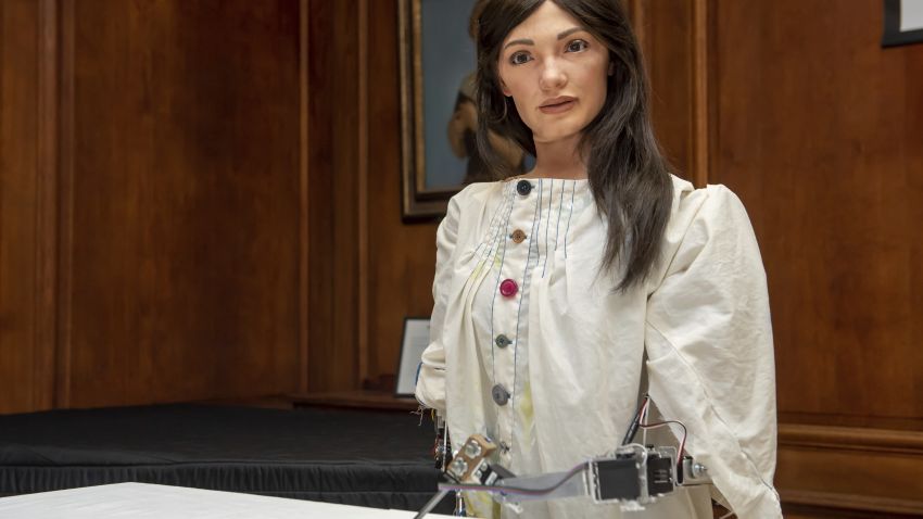 First robot artist unveiled. Ai-Da, created by Aidan Meller, being unveiled as the world's first robot artist at a press conference at Lady Margaret Hall College at Oxford University. Picture date: Wednesday June 5, 2019. Photo credit should read: Jacob King/PA Wire URN:43331293 (Press Association via AP Images)