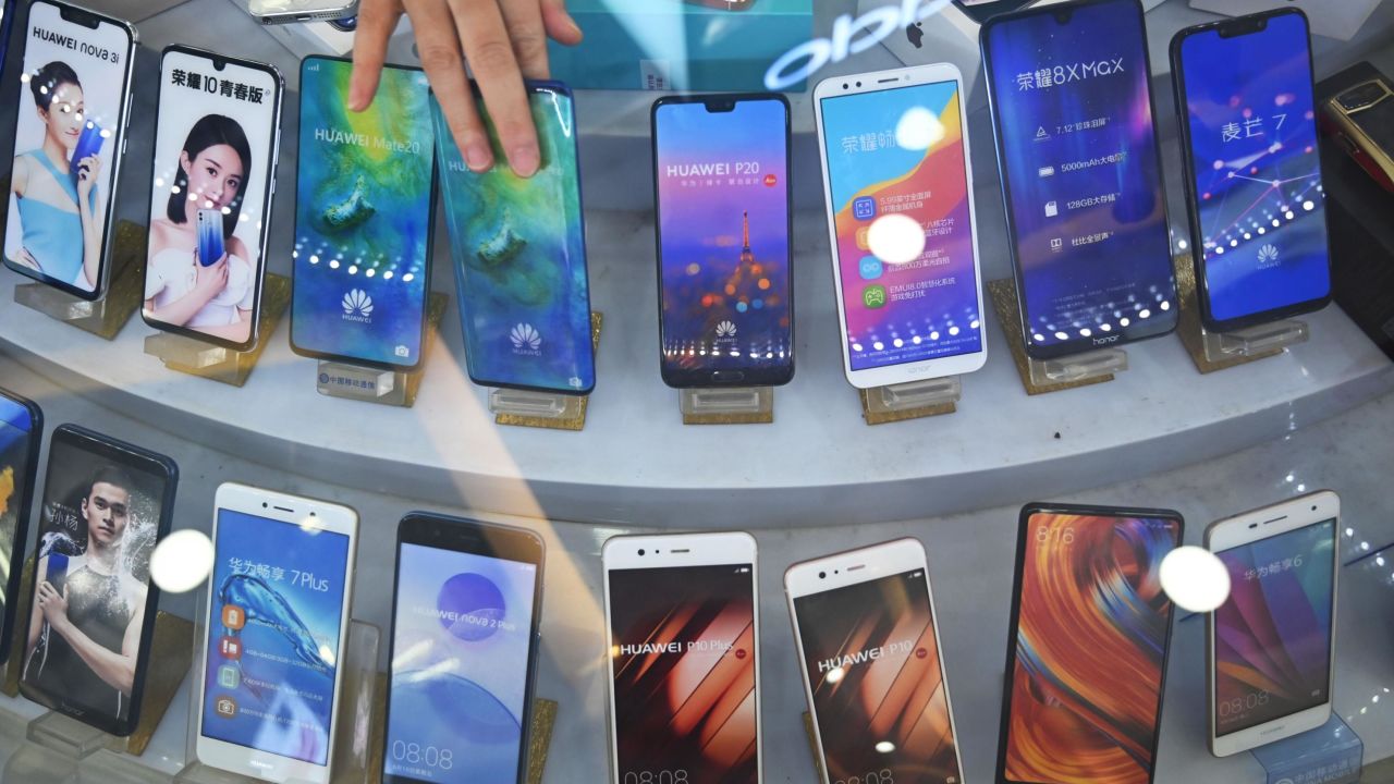 Huawei smartphones displayed at a store in Shanghai.