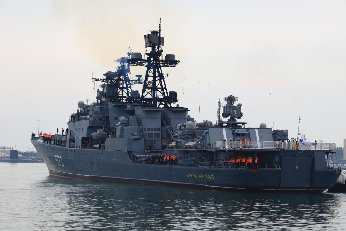 The Russian destroyer Admiral Vinogradov arrives at a port to attend China-Russia Joint Sea 2019 naval exercise on April 29, 2019, in Qingdao,  China. 