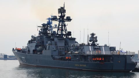 The Russian destroyer Admiral Vinogradov arrives at a port to attend China-Russia Joint Sea 2019 naval exercise on April 29, 2019, in Qingdao,  China. 