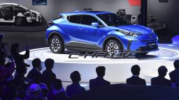 Toyota Motor Corp. introduces a new electric vehicle based on its C-HR at the International Automobile and Manufacturing Technology Exhibition in Shanghai on April 16, 2019. (Kyodo)
==Kyodo
(Photo by Kyodo News via Getty Images)