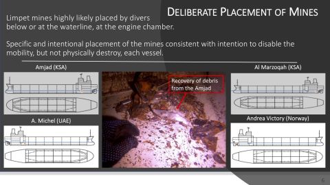 A slide from an investigation by Norway, the UAE and Saudi Arabia into attacks on oil tankers in the Gulf in May 2019.