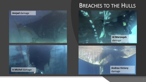 A slide from an investigation by Norway, the UAE and Saudi Arabia into attacks on oil tankers in the Gulf in May 2019.