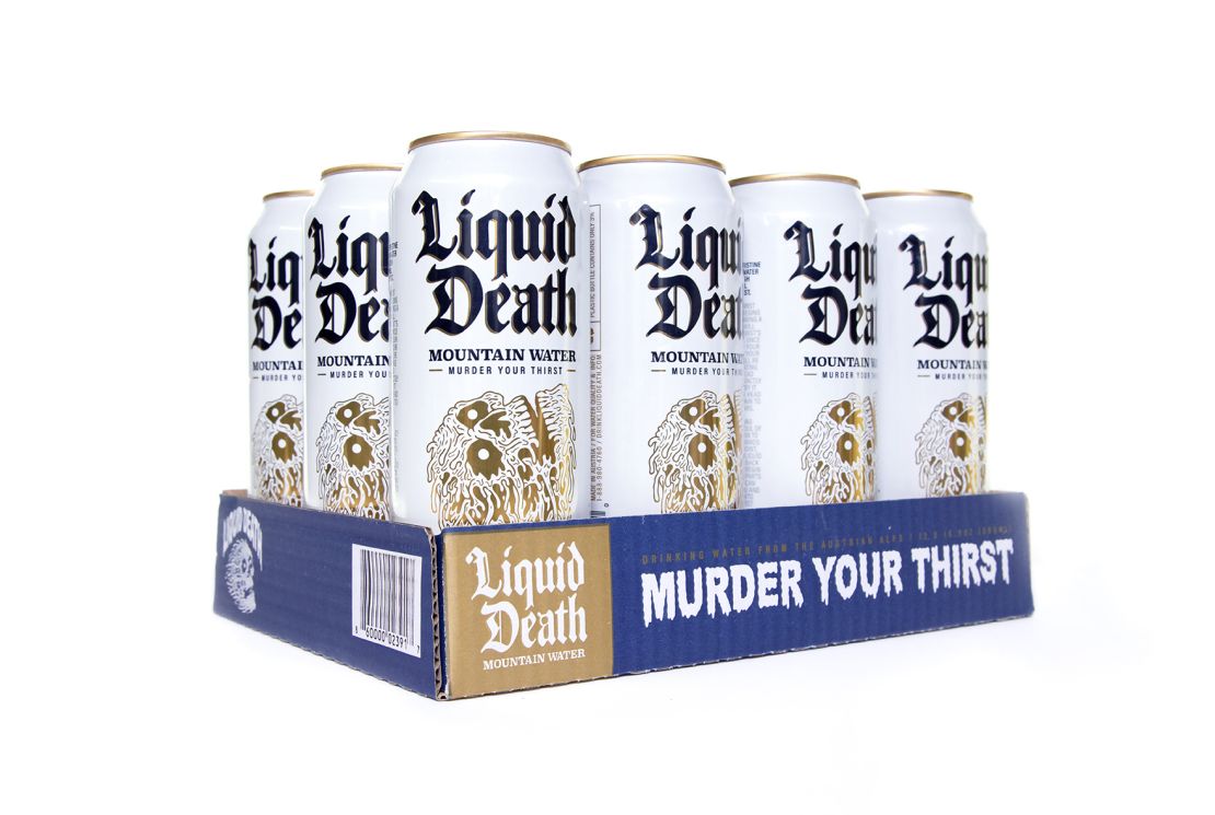 With the tagline "Murder Your Thirst," Liquid Death applies the bold marketing of energy drinks to a water-in-a-can beverage.