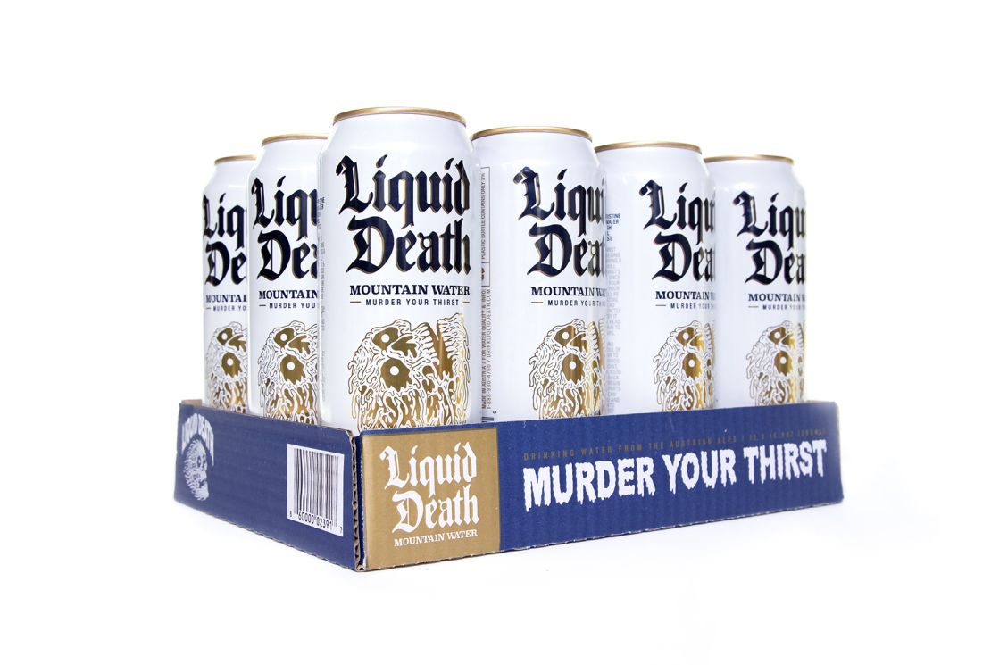 With the tagline "Murder Your Thirst," Liquid Death applies the bold marketing of energy drinks to a water-in-a-can beverage. 