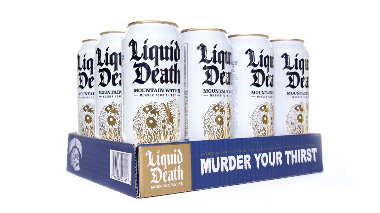 With the tagline "Murder Your Thirst," Liquid Death applies the bold marketing of energy drinks to a water-in-a-can beverage. 