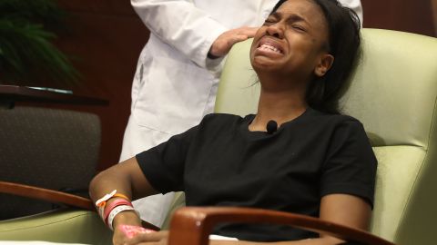 Patience Carter is overcome with emotion after speaking to the media from the hospital on June 14, 2016. 