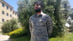 Harpreetinder Singh Bajwa, the first active duty airman granted a religious accommodation to allow him to wear a turban, beard and unshorn hair while serving.
