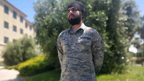 Harpreetinder Singh Bajwa, the first active duty airman granted a religious accommodation to allow him to wear a turban, beard and unshorn hair while serving.