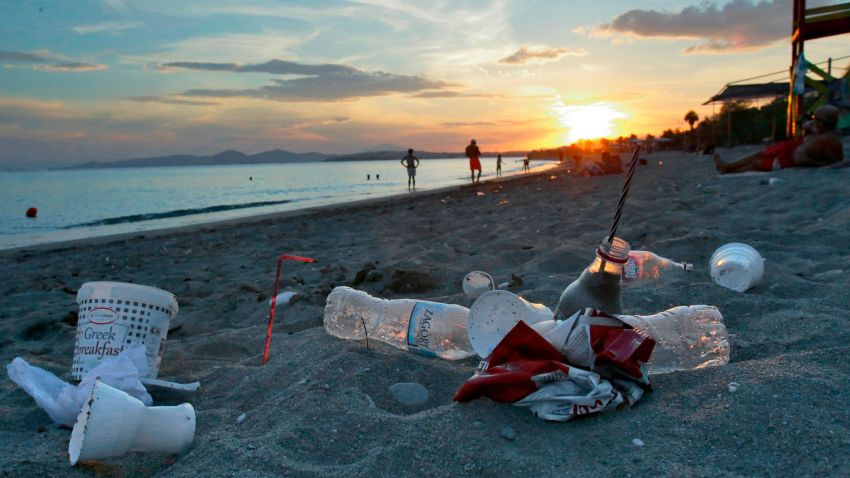 ATHENS, GREECE - JUNE 26: Plastic cups used by tourists on the Aegean sea beach near Athens on June 26, 2018 , Greece . The Mediterranean is one of the seas with the highest levels of plastic pollution in the world .More than 200 million tourists visit the Mediterranean each year causing the 40% increase in marine litter during summer  using  single use plastics including straws and stirrers, plastic cups, water bottles , inflatable pool toys etc which   leads to the general pollution of water and beaches along Mediterranean. (Photo by Milos Bicanski/Getty Images)