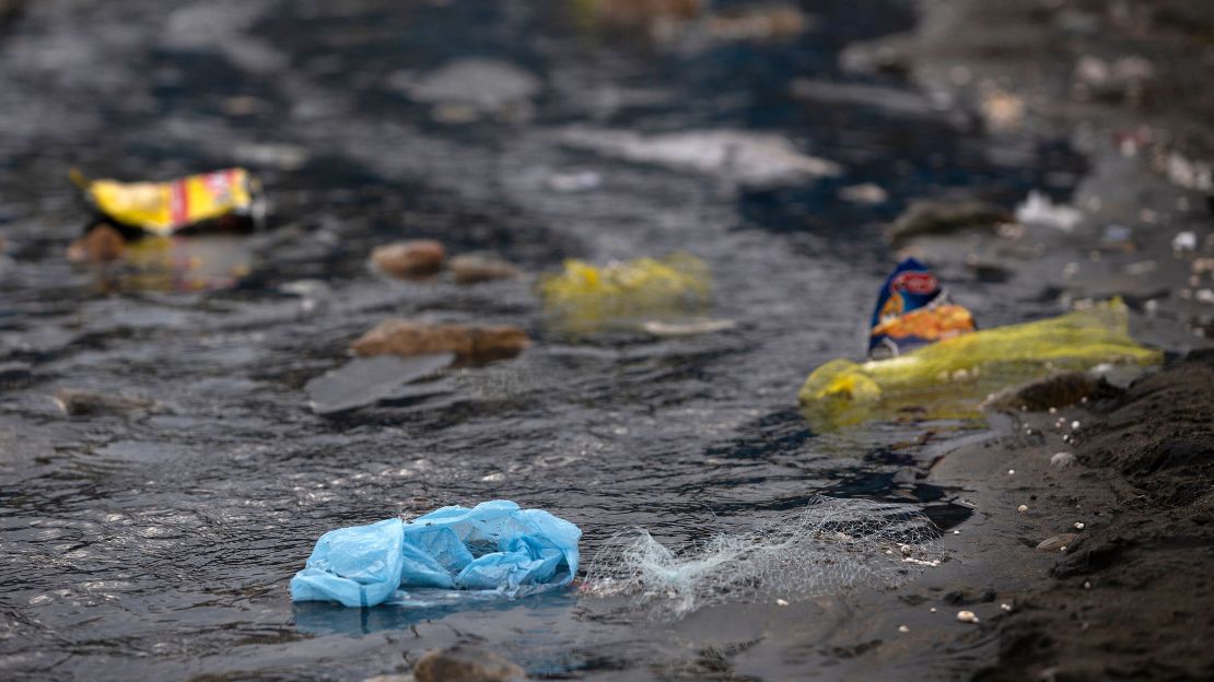 Plastic waste floats in the waters near Cartagena, Chile.