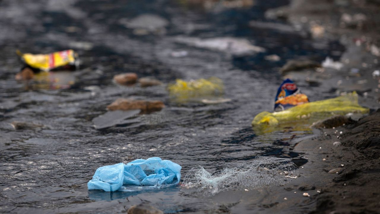 Plastic waste floats in the waters near Cartagena, Chile.