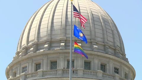 A pride flag flies at the Wisconsin Capitol on Friday.