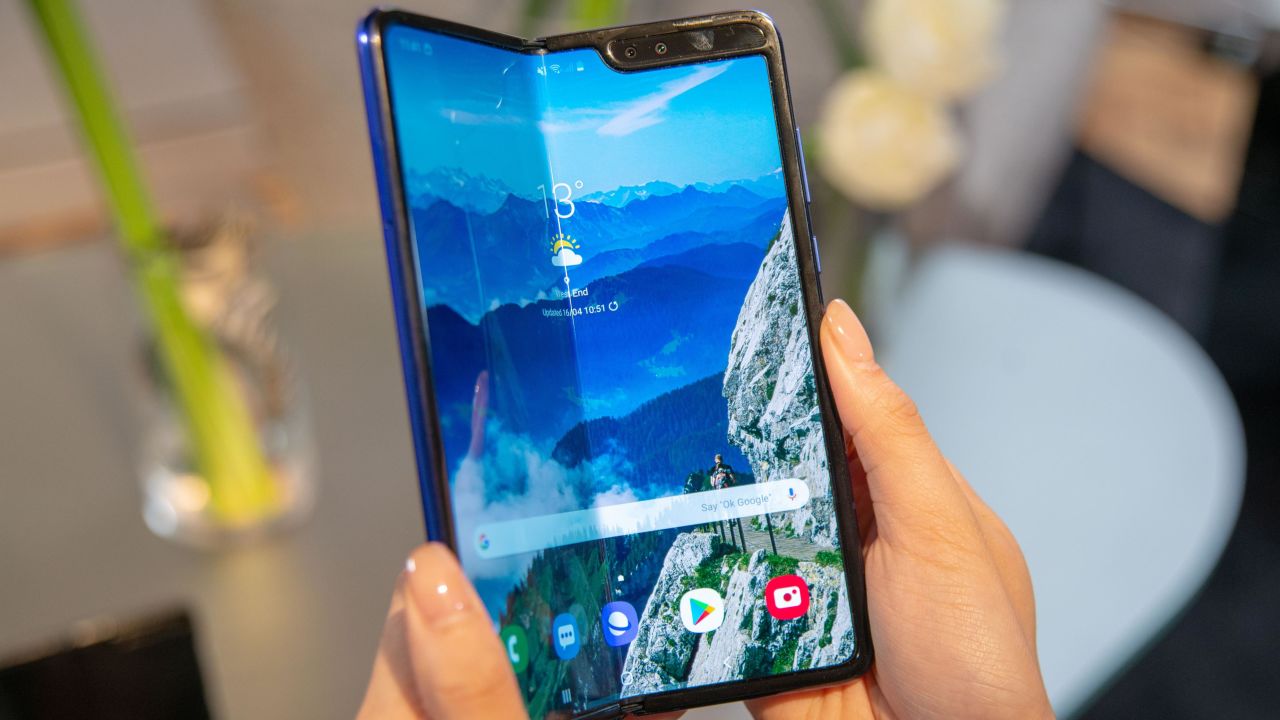 A production model of the Samsung Galaxy Fold Tablet smartphone can be seen at a presentation.
