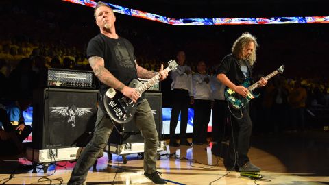 Musicians James Hetfield and Kirk Hammett of Metallica perform the national anthem prior at the NBA Finals