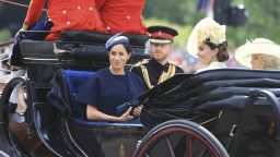 Britain's Prince Harry, Meghan Duchess of Sussex, Kate Duchess of Cambridge and Camilla Duchess of Cornwall attend the annual Trooping the Colour Ceremony in London, Saturday, June 8, 2019. Trooping the Colour is the Queen's Birthday Parade and one of the nation's most impressive and iconic annual events attended by almost every member of the Royal Family.(Gareth Fuller/PA via AP)