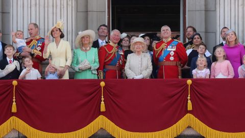 Members of the British royal family watch last year's Trooping the Colour ceremony -- marking the Queen's official birthday -- from the balcony of Buckingham Palace on June 8, 2019.