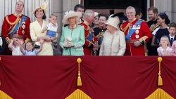 Britain's Queen Elizabeth, center, and members of the royal family attend the annual Trooping the Colour Ceremony in London, Saturday, June 8, 2019. Trooping the Colour is the Queen's Birthday Parade and one of the nation's most impressive and iconic annual events attended by almost every member of the Royal Family. (AP Photo/Frank Augstein)