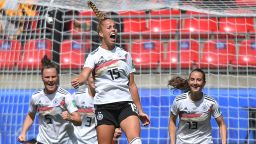 Germany's defender Giulia Gwinn (C) celebrates after scoring a goal during the France 2019 Women's World Cup Group B football match between Germany and China, on June 8, 2019, at the Roazhon Park stadium in Rennes, western France. (Photo by LOIC VENANCE / AFP)        (Photo credit should read LOIC VENANCE/AFP/Getty Images)