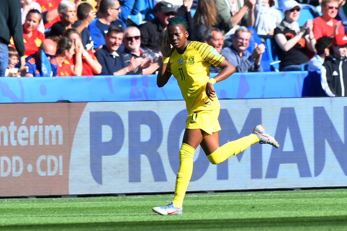 South African forward Thembi Kgatlana celebrates after scoring a goal of the tournament candidate early in the match on Saturday. 