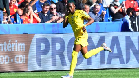 South African forward Thembi Kgatlana celebrates after scoring a goal of the tournament candidate early in the match on Saturday. 
