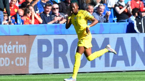 South African forward Thembi Kgatlana celebrates after scoring a goal of the tournament candidate early in the match on Saturday.