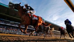 Sir Winston (7), with jockey Joel Rosario up, crosses the finish line to win the 151st running of the Belmont Stakes horse race, Saturday, June 8, 2019, in Elmont, N.Y. (AP Photo/Seth Wenig)