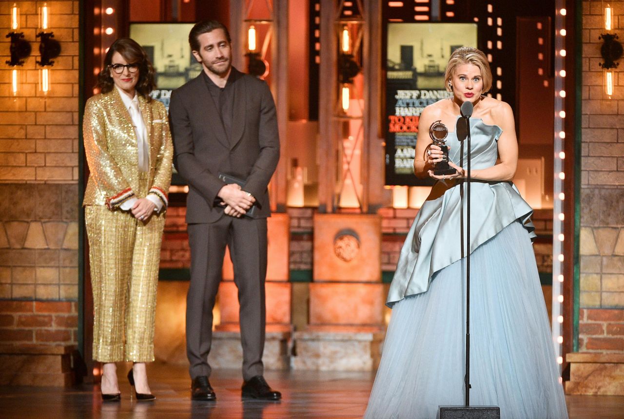 Tina Fey and Jake Gyllenhaal present the best performance by an actress in a featured role in a play award to Celia Keenan-Bolger for "To Kill a Mockingbird."