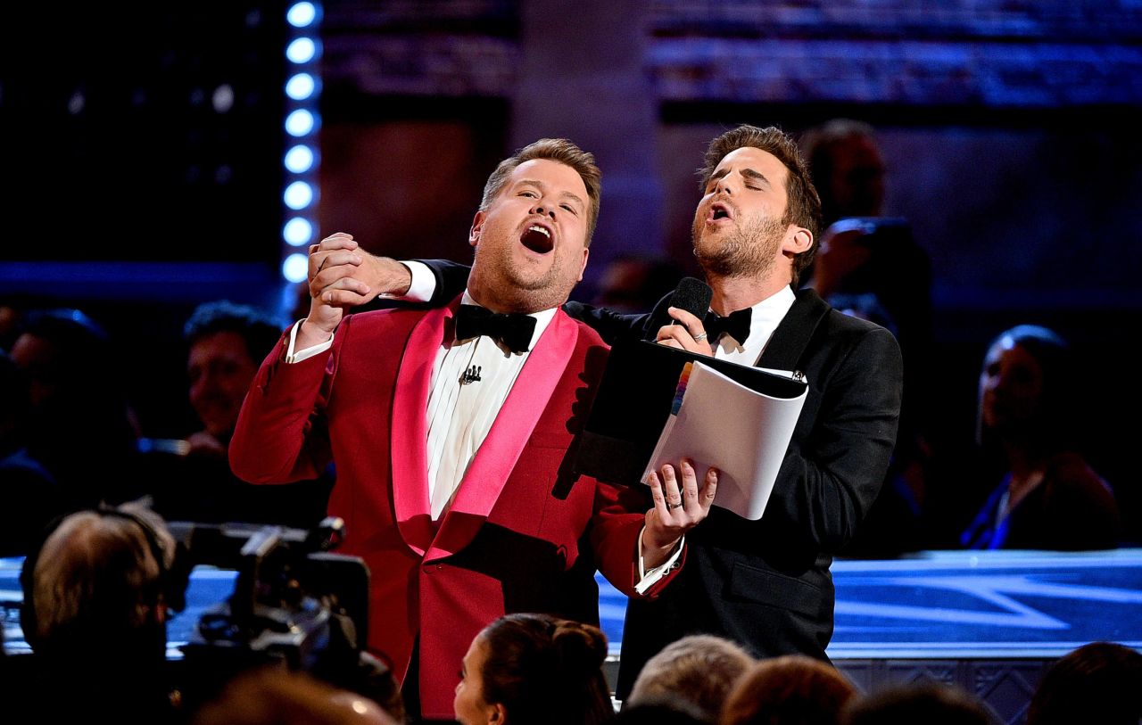 James Corden and Ben Platt sing together at the Tony Awards.