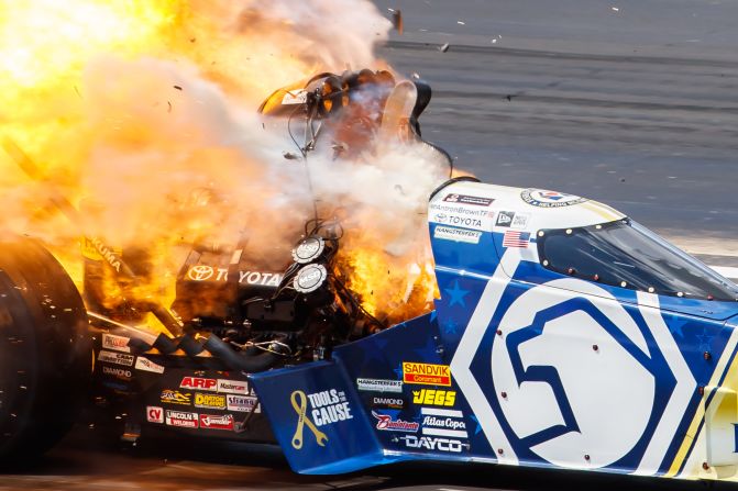 NHRA top fuel driver Antron Brown explodes an engine during the Route 66 Nationals at Route 66 Raceway in Joliet, Illinois, on June 2, 2019.