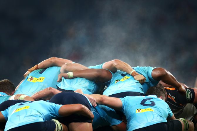 Steam rises from a scrum during the round 17 Super Rugby match between the Waratahs and the Brumbies at Bankwest Stadium on June 8, 2019 in Sydney, Australia.