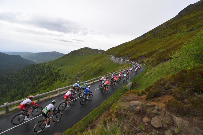 Jacques Janse van Rensburg of South Africa and Team Dimension Data / Zdenek Stybar of Czech Republic and Team Deceuninck-QuickStep / Puy Mary (1589m)/ Landscape / Mountains / Peloton / during the 71st Criterium du Dauphine 2019, Stage 1 a 142km stage from Aurillac to Jussac on June 9, 2019 in Jussac, France.